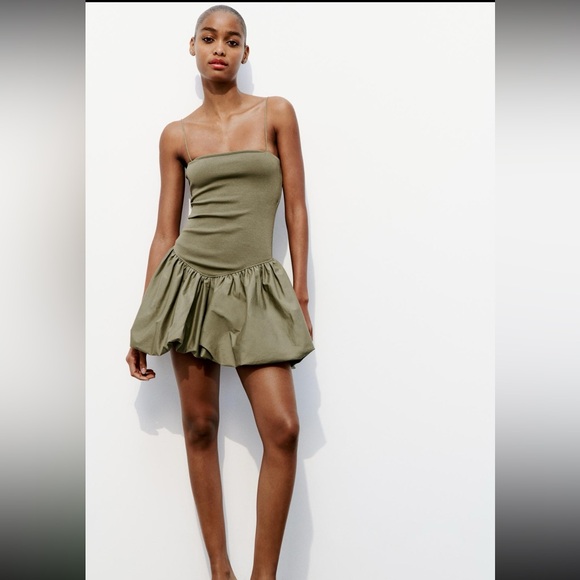 Zara Olive Green Bubble Poplin Dress - Picture 4 of 8